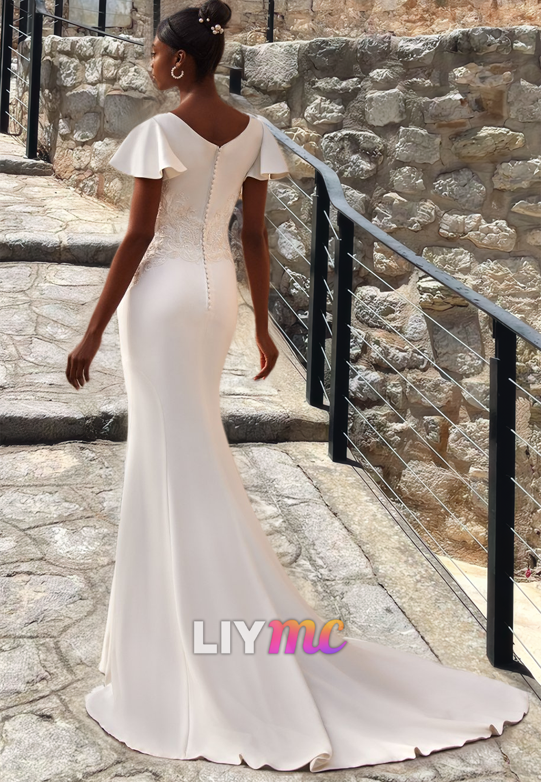 V-Neck Short Sleeves Sleek Mermaid Beach Wedding Dress