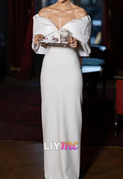 V-Neck Short Sleeves Sleek Sheath Wedding Dress