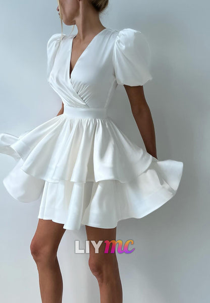V-Neck Short Slevees Tiered Pleated A-Line Party Homecoming Dress