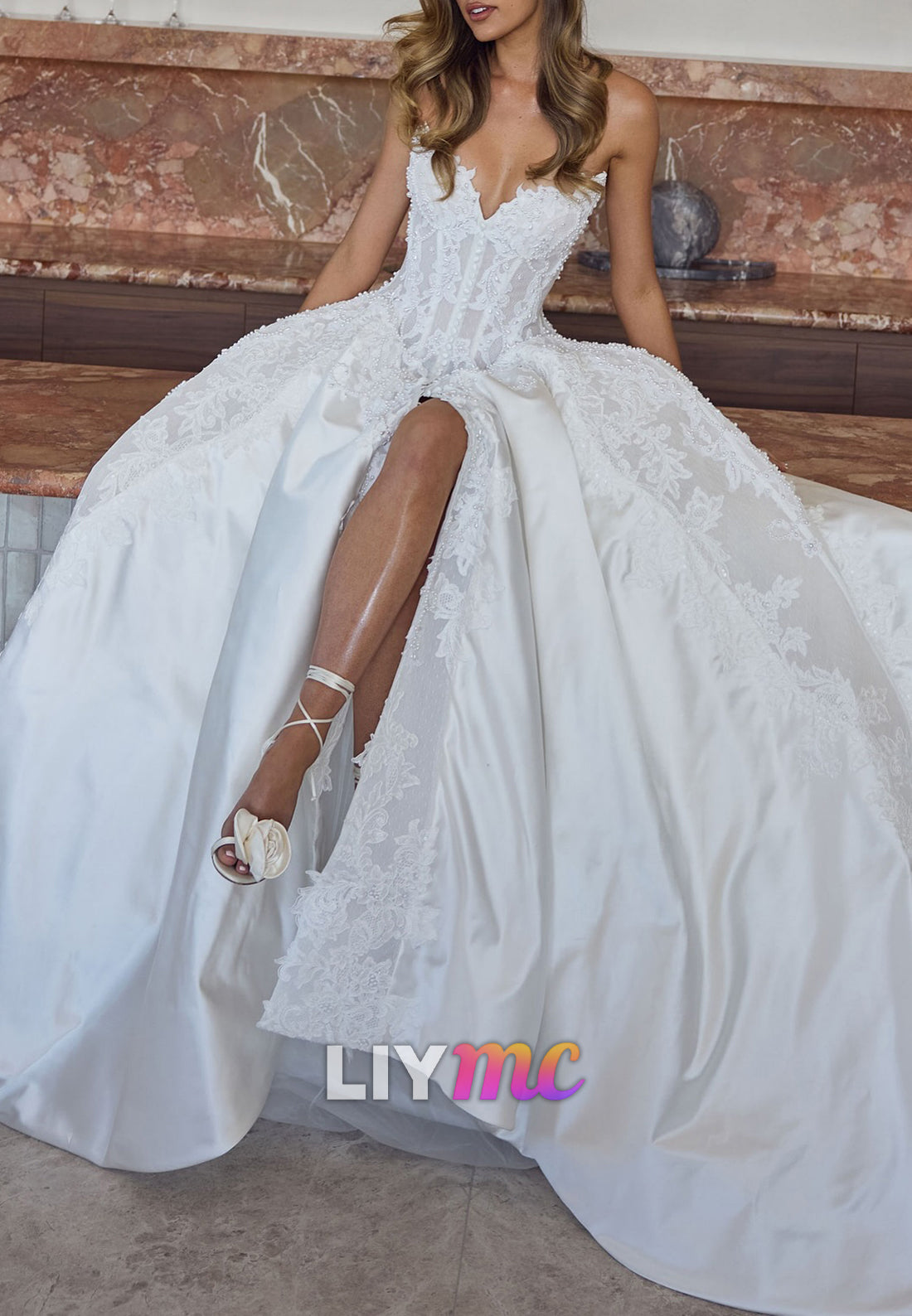 V-Neck Side Slit Pleated Appliques A-Line Wedding Dress