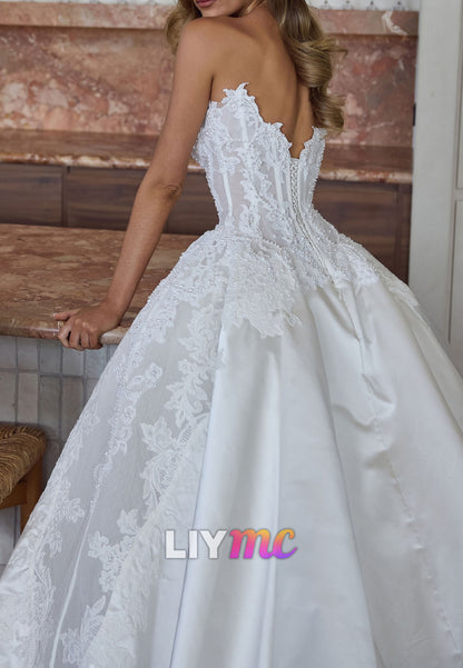 V-Neck Side Slit Pleated Appliques A-Line Wedding Dress