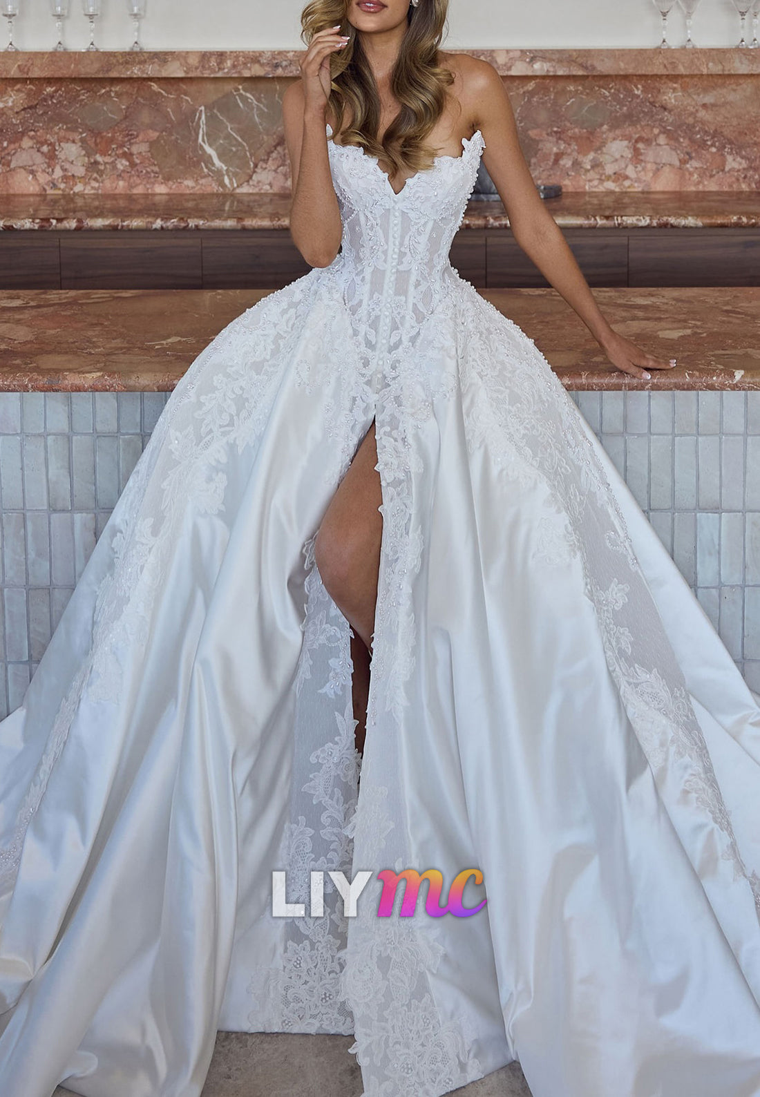 V-Neck Side Slit Pleated Appliques A-Line Wedding Dress