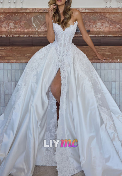 V-Neck Side Slit Pleated Appliques A-Line Wedding Dress