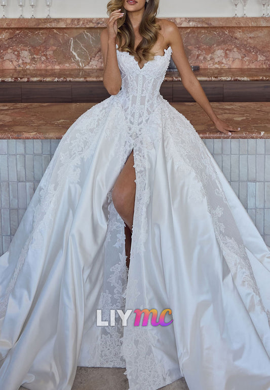 V-Neck Side Slit Pleated Appliques A-Line Wedding Dress