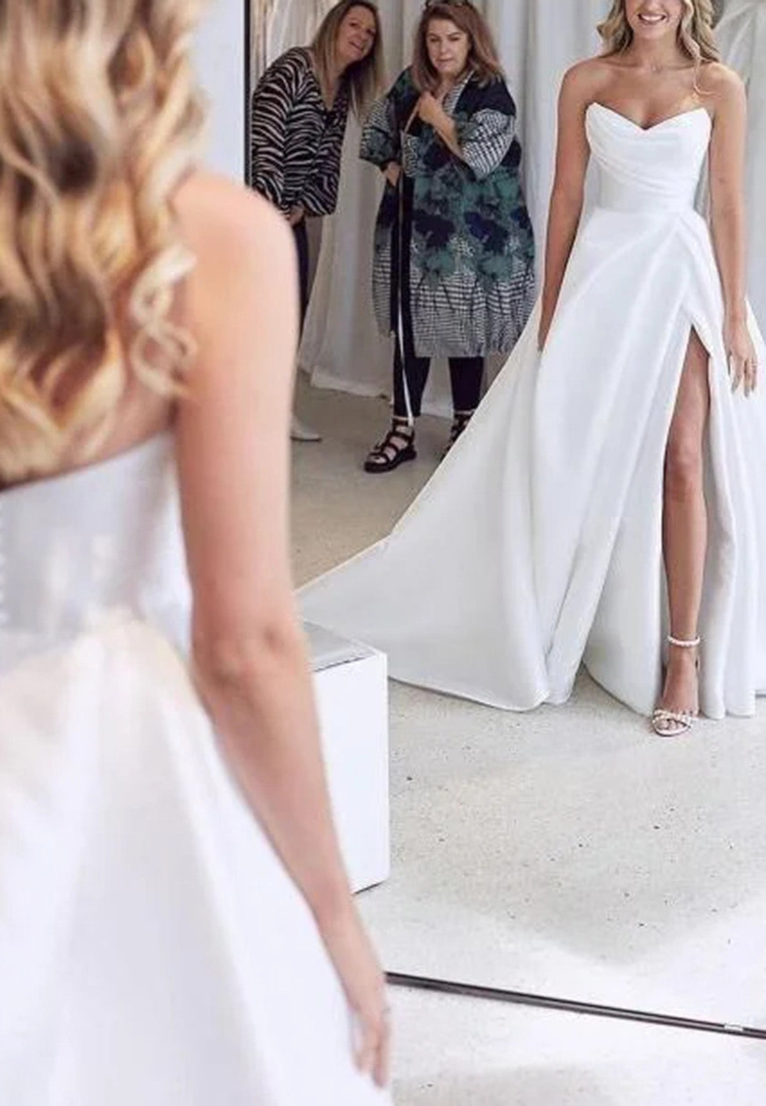 V-Neck Side Slit Sleeveless Pleated Satin A-Line Wedding Dress