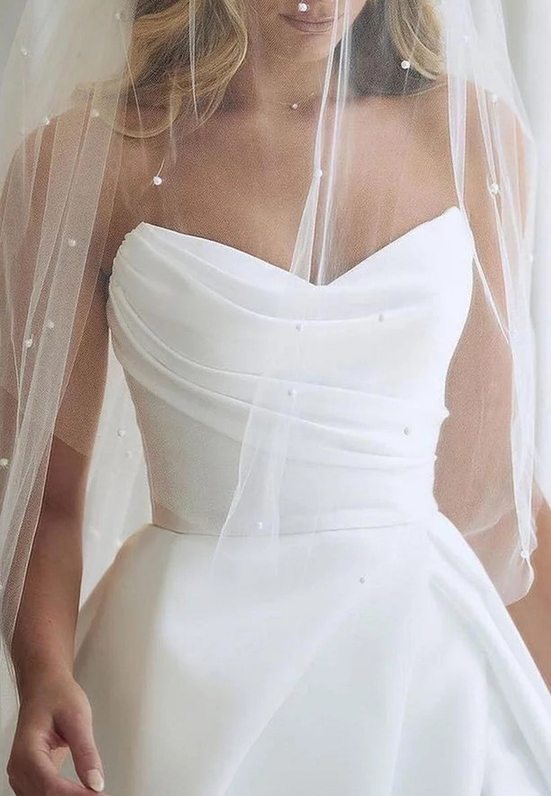 V-Neck Side Slit Sleeveless Pleated Satin A-Line Wedding Dress