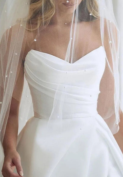 V-Neck Side Slit Sleeveless Pleated Satin A-Line Wedding Dress