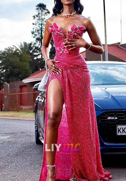 V-Neck Side Slit Sparkly Ruched Floral Embellished A-Line Prom Dresss