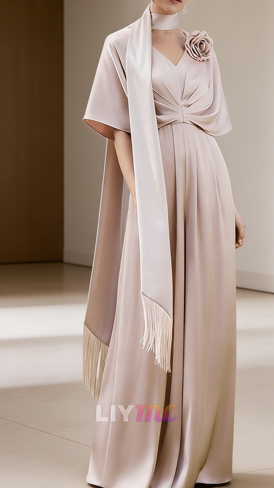 V-Neck Sleek Short Sleeves Satin Mother of Bride Jumpsuits