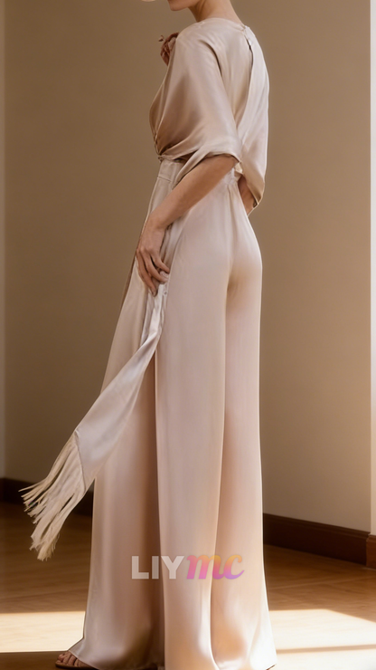 V-Neck Sleek Short Sleeves Satin Mother of Bride Jumpsuits