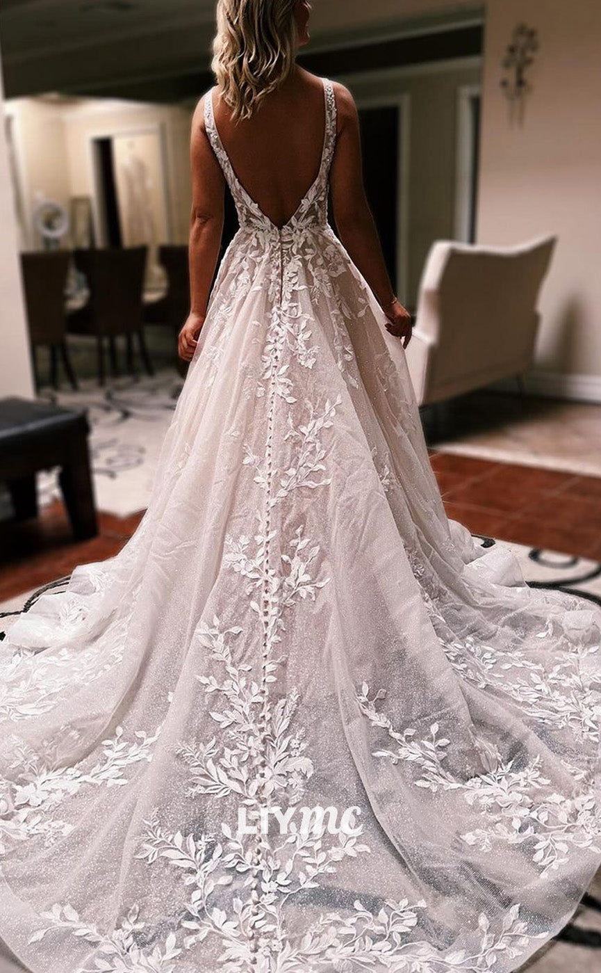 LW916 - V-Neck Sleeveless Appliques A-Line Ball Gown Wedding Dress Liymc LW916 - V-Neck Sleeveless Appliques A-Line Ball Gown Wedding Dress Liymc
