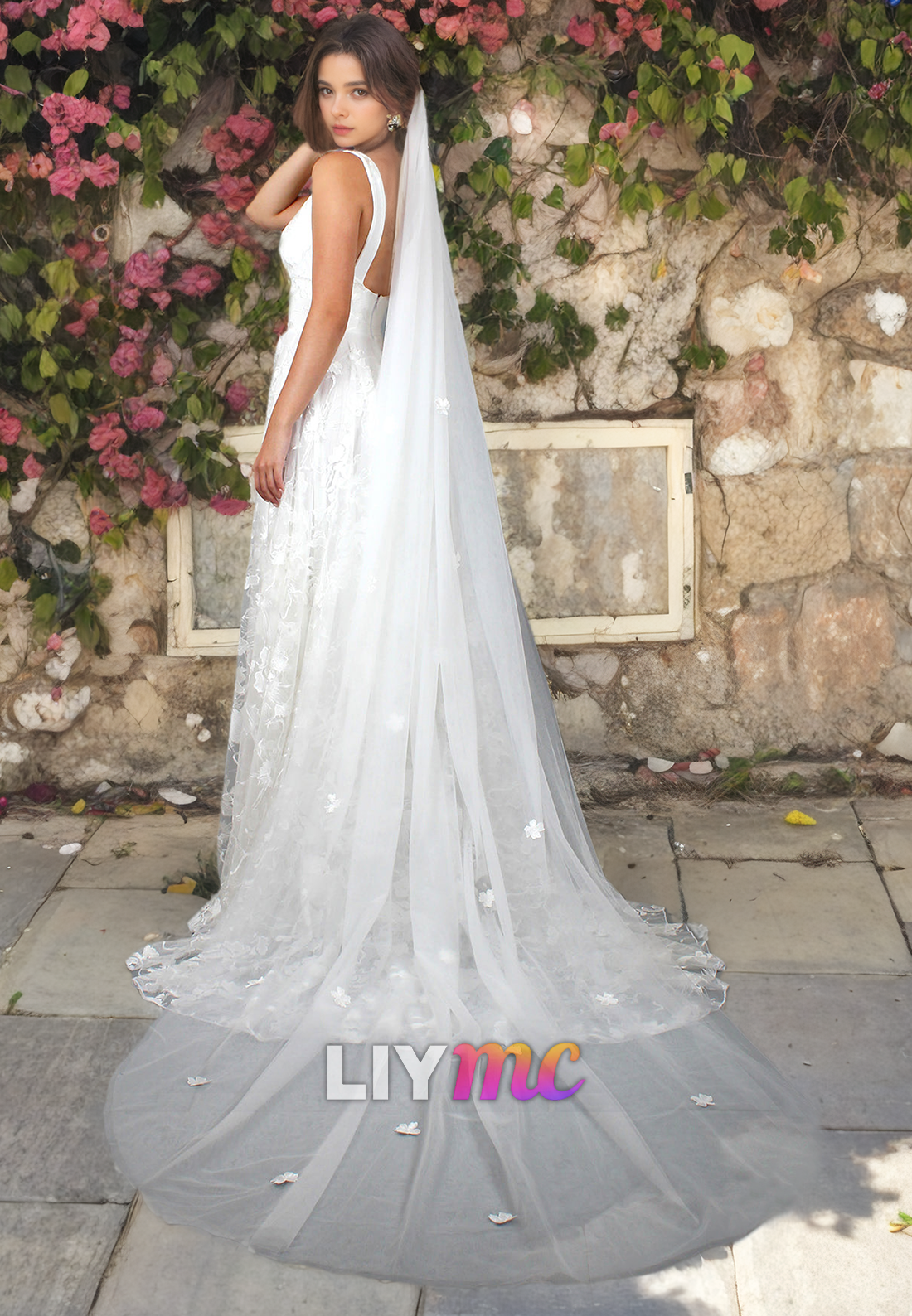 LW072 - Sexy A Line V Neck Ruched Lace Tulle Long Wedding Dress With Slit