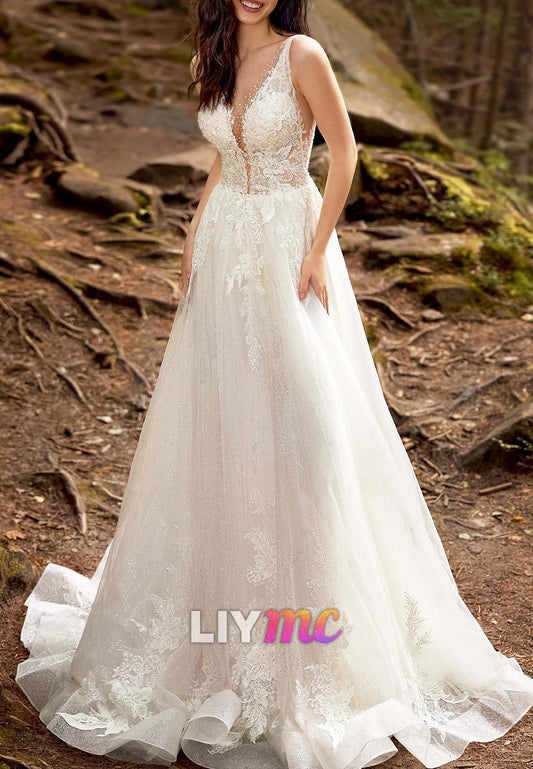 V-Neck Sleeveless Appliques A-Line Wedding Dress