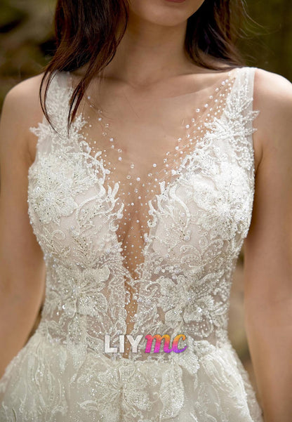 V-Neck Sleeveless Appliques A-Line Wedding Dress