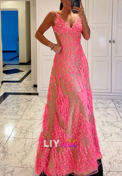 V-Neck Sleeveless Appliques Feathered A-Line Prom Dress