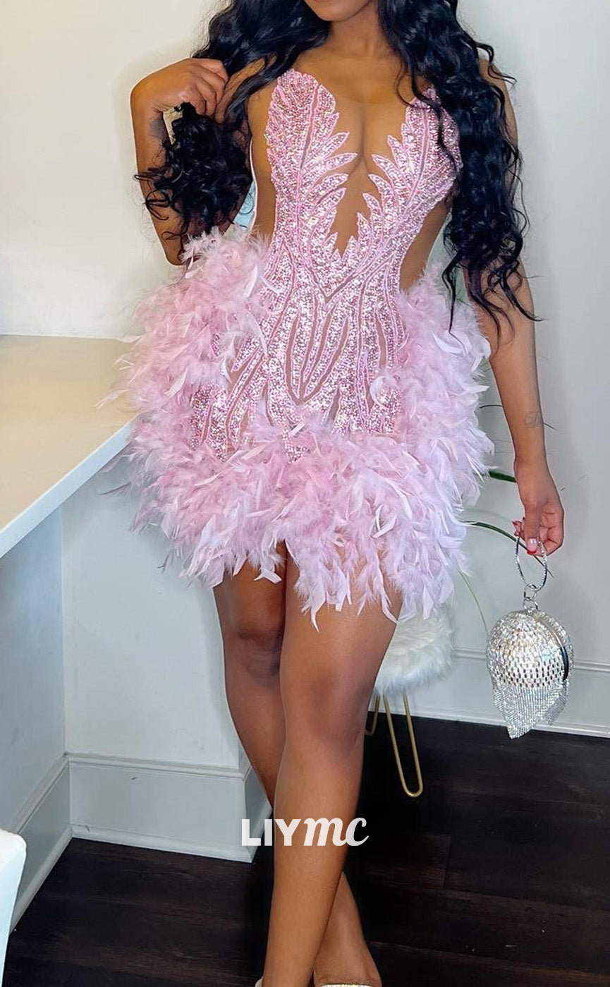 LY304 - V-Neck Sleeveless Appliques Feathered Short Homecoming Dress for Black Girls
