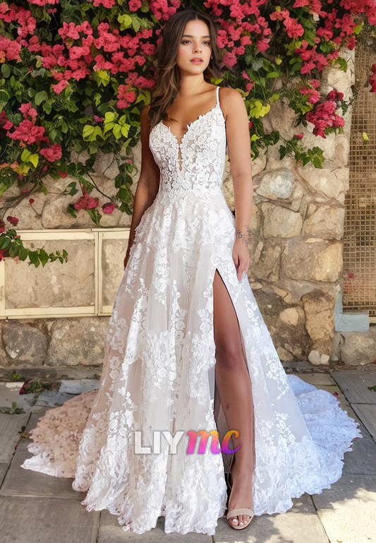 V-Neck Sleeveless Appliques High Slit A-Line Wedding Dress