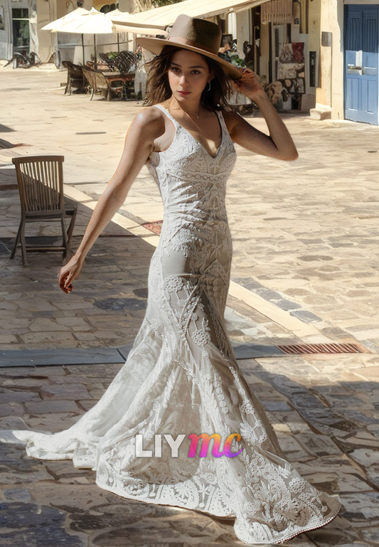 V-Neck Sleeveless Appliques Mermaid Boho Wedding Dress