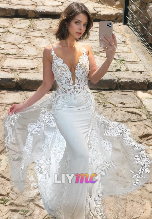 LW469 - Mermaid V-Neck Spaghetti Straps Lace Appliques Wedding Dress With Court Train