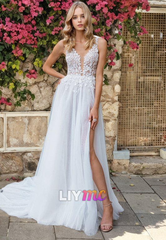 V-Neck Sleeveless Appliques Open Back A-Line Beach Wedding Dress