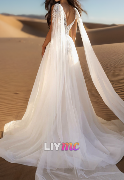 V-Neck Sleeveless Appliques Pleated A-Line Mesh Wedding Dress