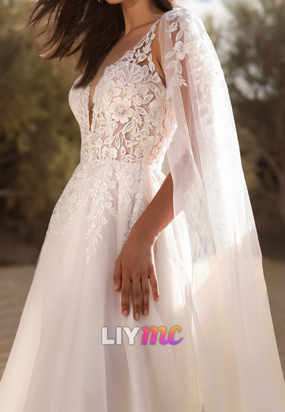 V-Neck Sleeveless Appliques Pleated A-Line Mesh Wedding Dress