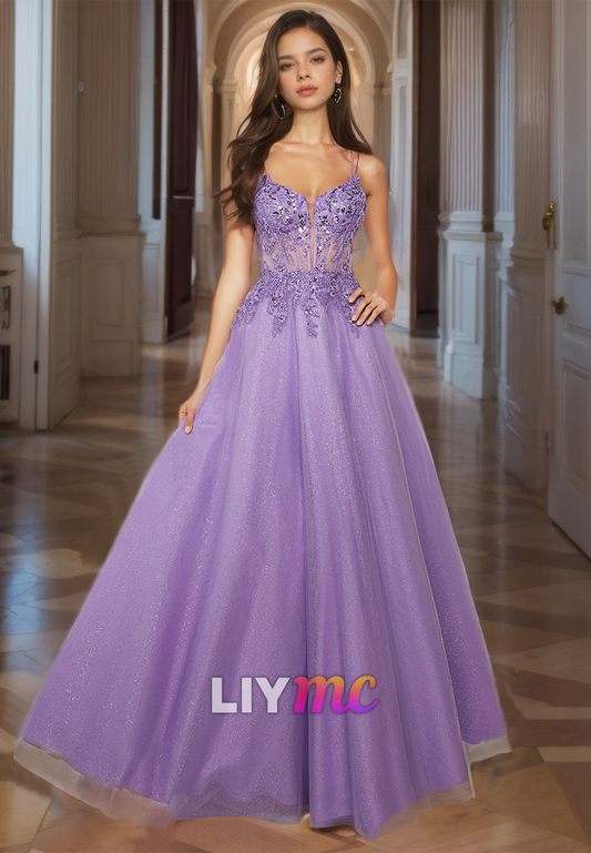 V-Neck Sleeveless Appliques Pleated Tulle A-Line Prom Dress