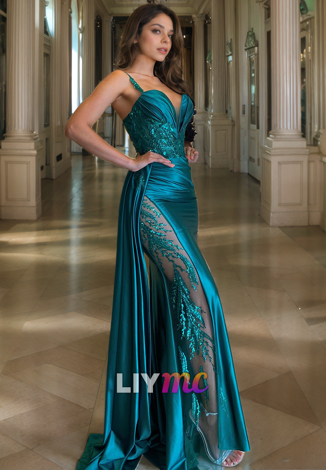 LP276 - Sexy Low V-Neck Beaded Satin Sheath Long Prom Evening Dress