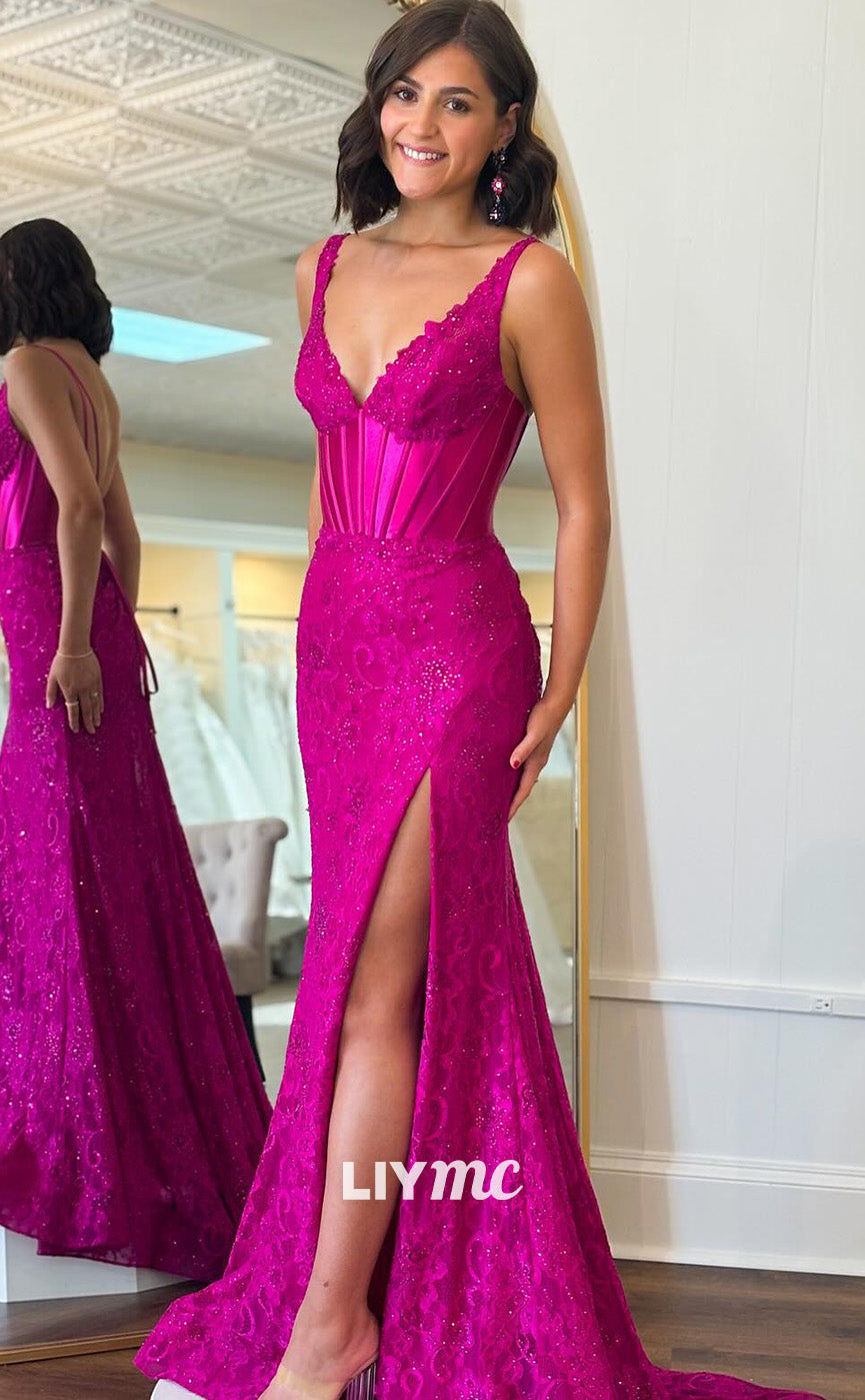 LP2064 - V-Neck Sleeveless Appliques Side Slit Sexy Prom Dress