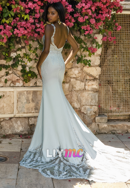 V-Neck Sleeveless Appliques Sleek Mermaid Beach Wedding Dress