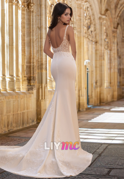 V-Neck Sleeveless Appliques Sleek Mermaid Beach Wedding Dress