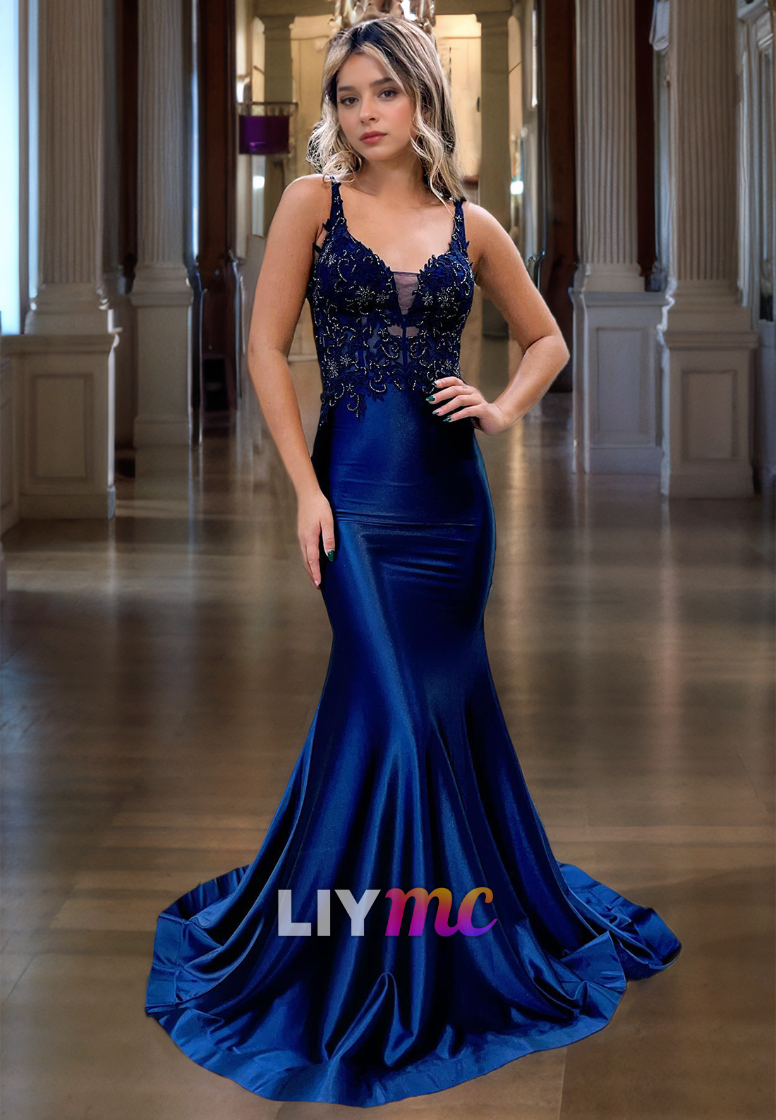 V-Neck Sleeveless Appliques Sleek Mermaid Prom Dress