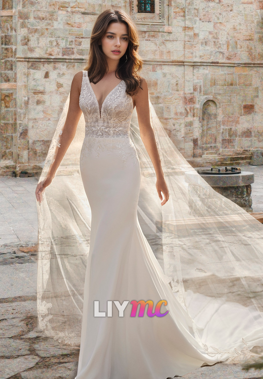 V-Neck Sleeveless Appliques Sleek Mermaid Wedding Dress