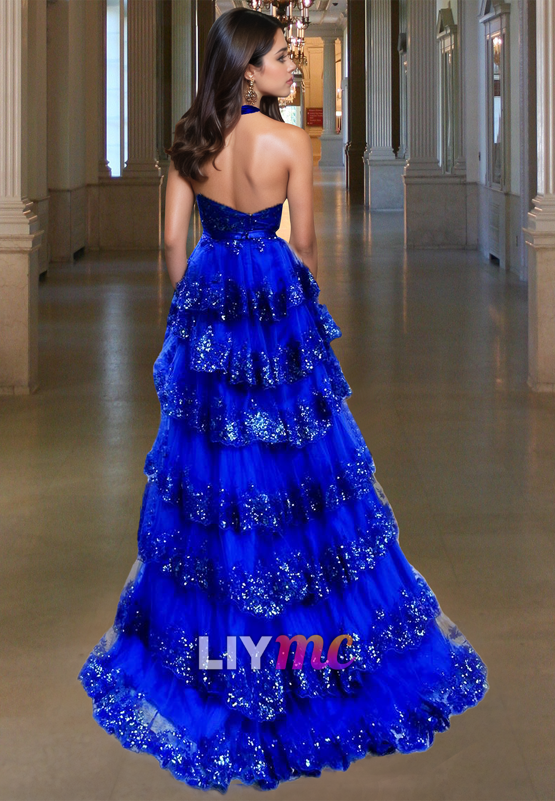 V-Neck Sleeveless Appliques Tiered Side Slit A-Line Prom Dress