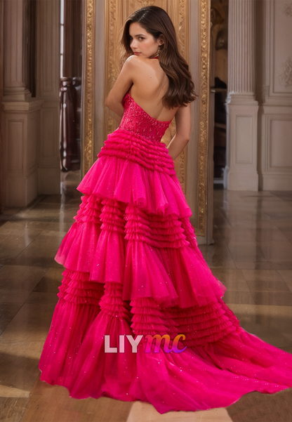 V-Neck Sleeveless Appliques Tiered Tulle A-Line Prom Dress