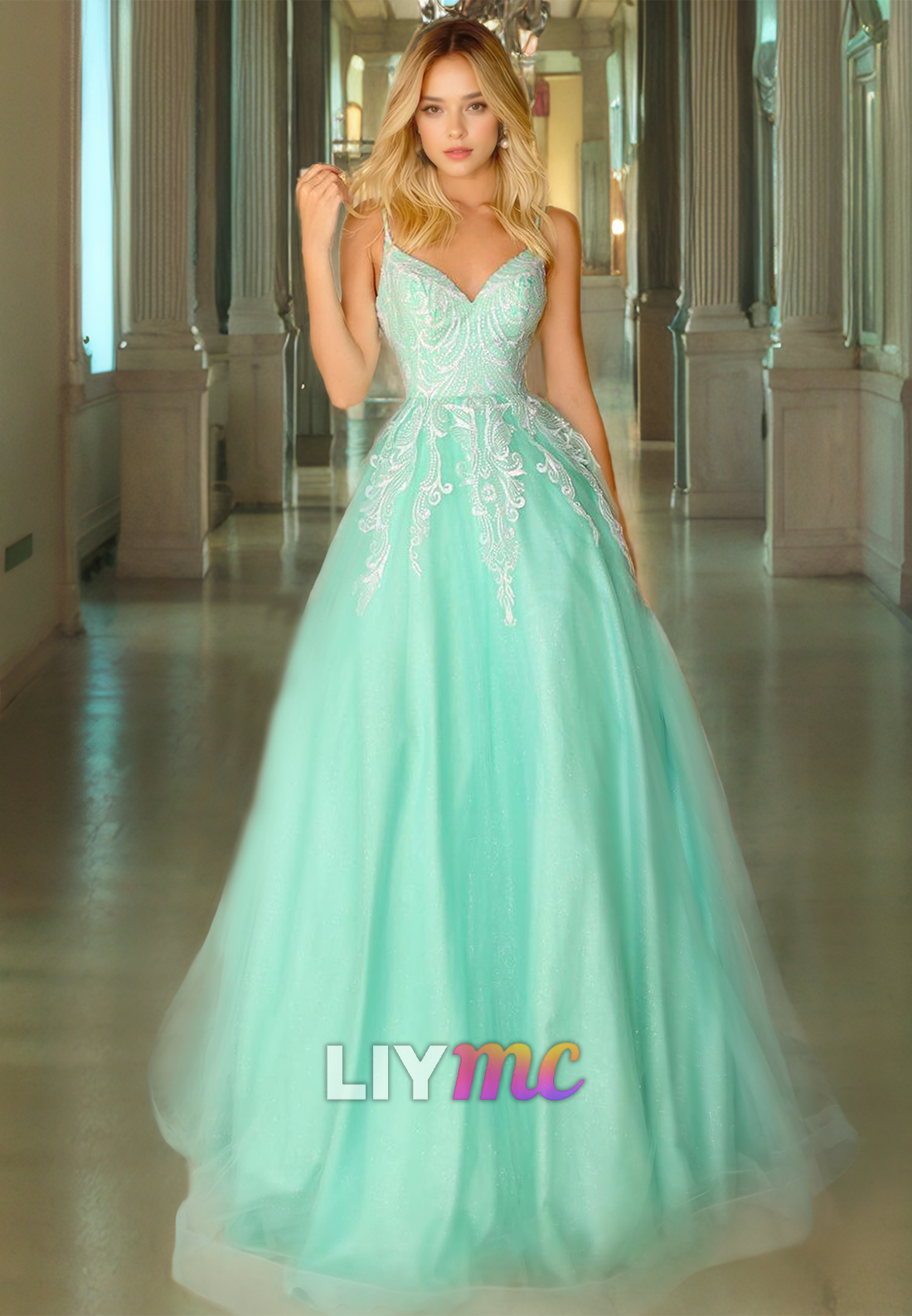 V-Neck Sleeveless Appliques Tulle A-Line Ball Gown Prom Dress