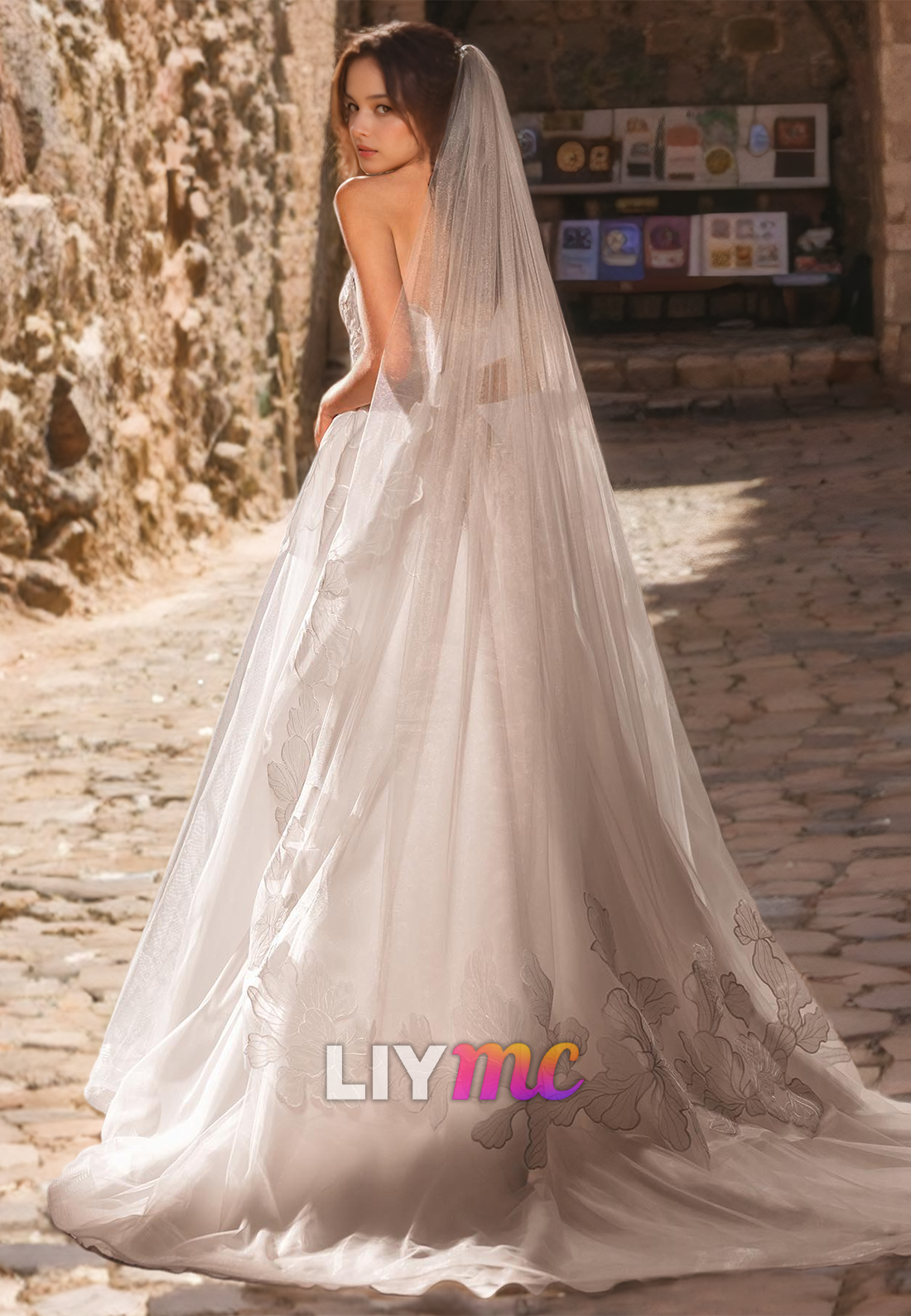 V-Neck Sleeveless Appliques Tulle A-Line Ball Gown Wedding Dress