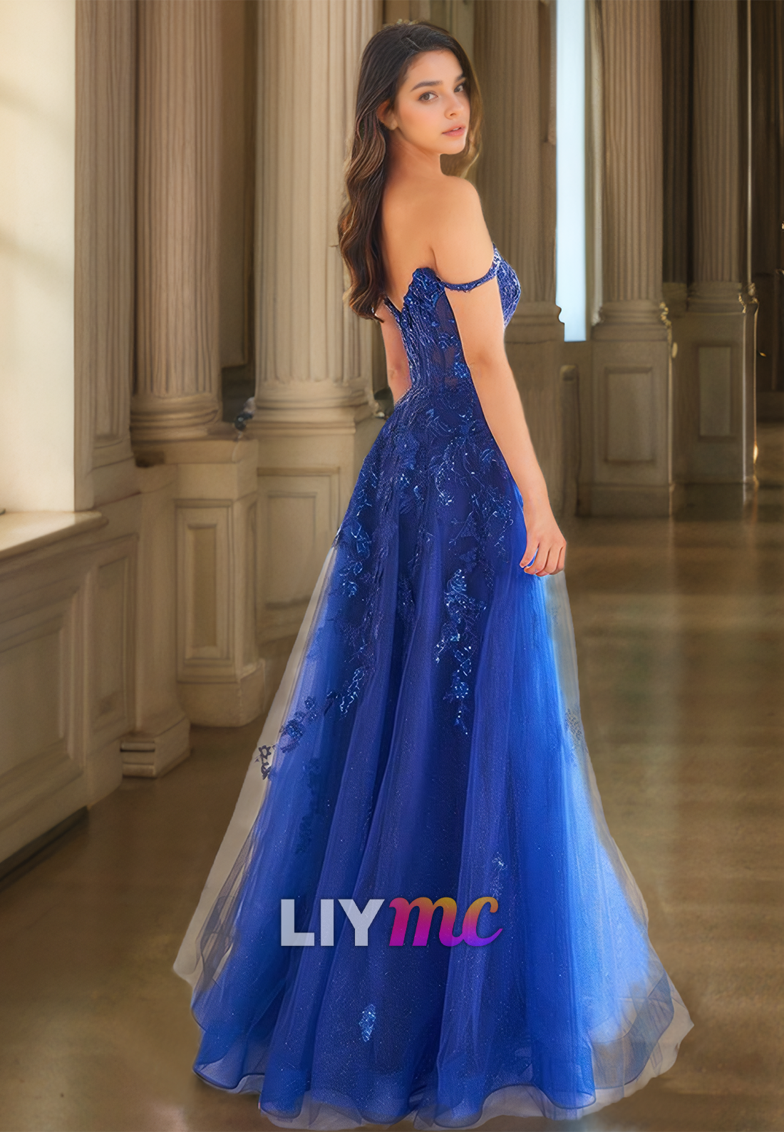 V-Neck Sleeveless Appliques Tulle A-Line Prom Dress