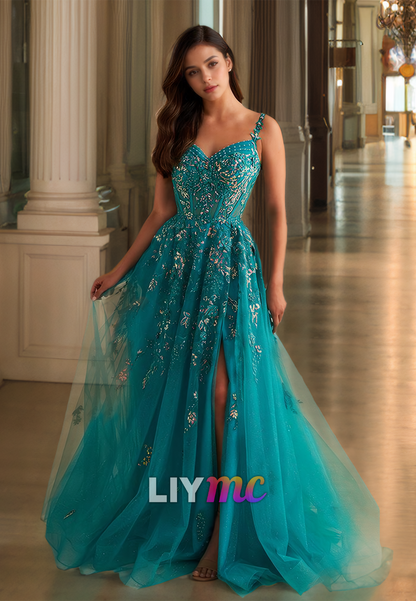 V-Neck Sleeveless Appliques Tulle A-Line Prom Dress