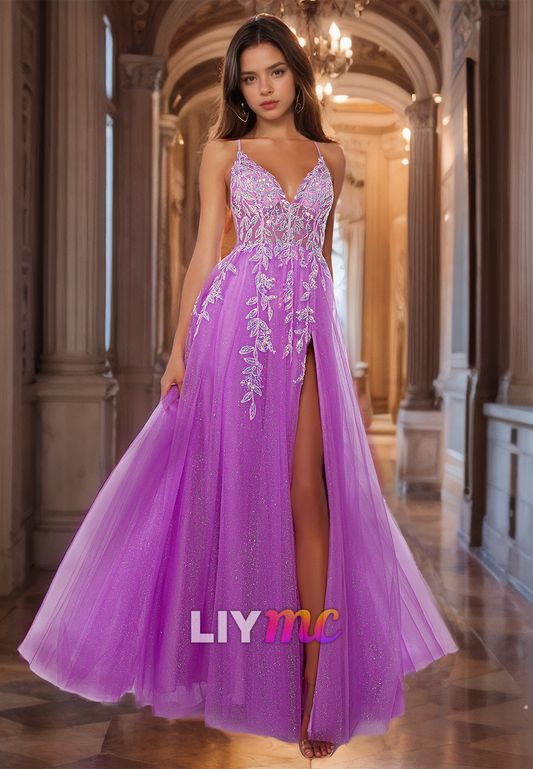 V-Neck Sleeveless Appliques Tulle A-Line Prom Dress