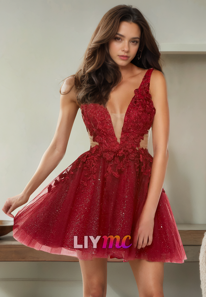 V-Neck Sleeveless Appliques Tulle A-Line Short Homecoming Dress