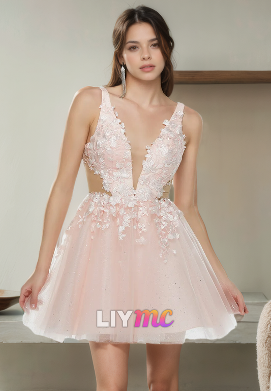 V-Neck Sleeveless Appliques Tulle A-Line Short Homecoming Dress