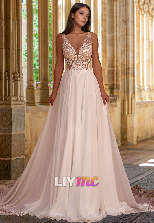 V-Neck Sleeveless Backless Appliques A-Line Beach Wedding Dress