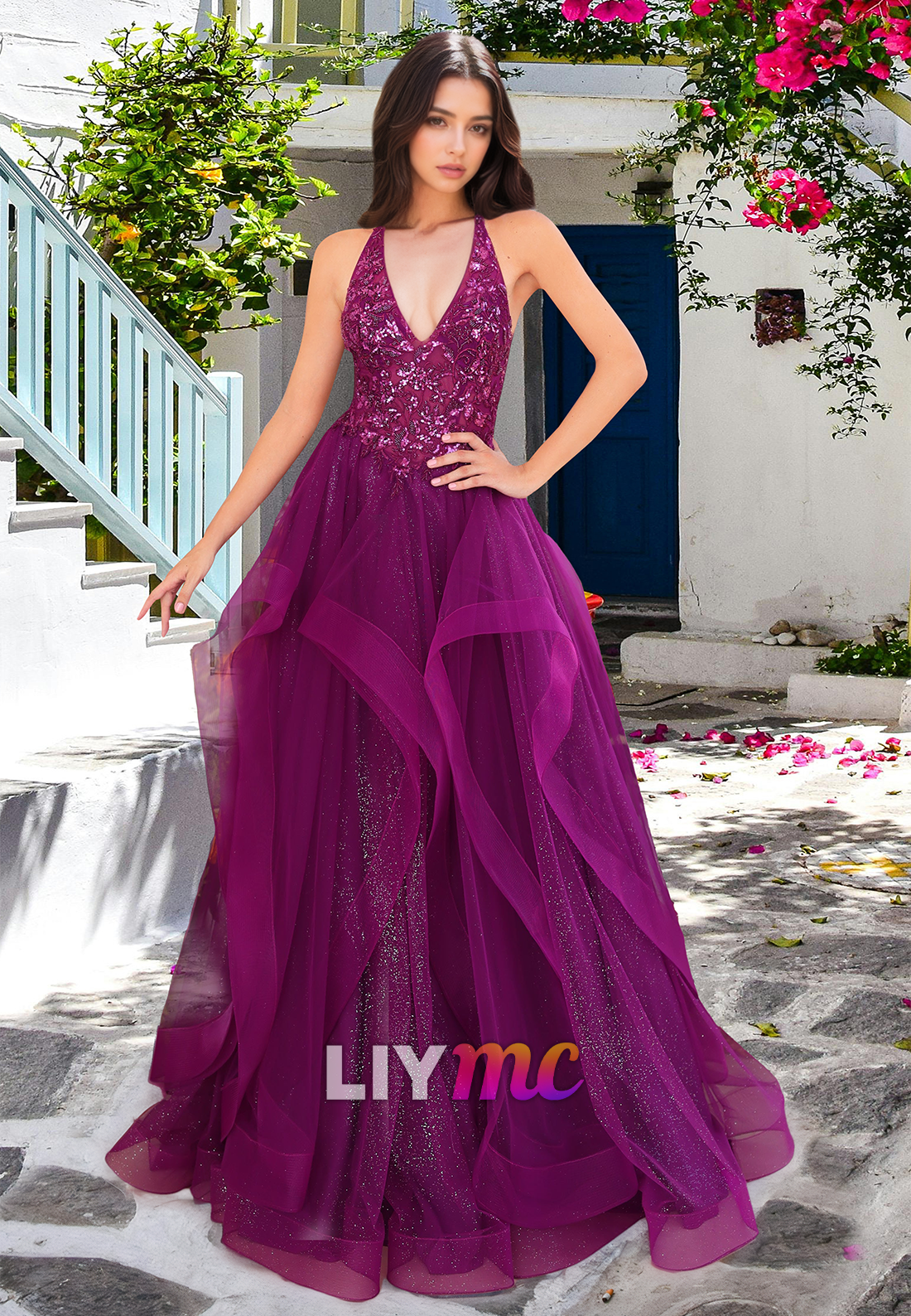 V-Neck Sleeveless Ball Gown Appliques A-Line Prom Dress