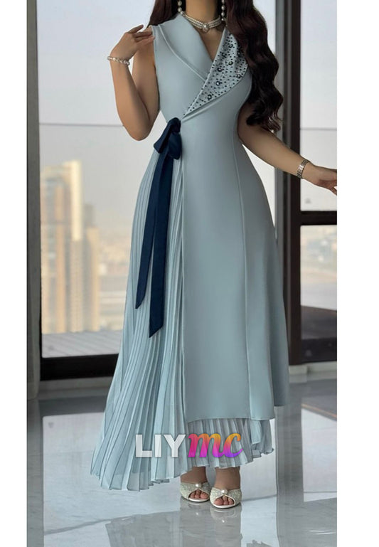 V-Neck Sleeveless Beaded A-Line Midi Formal Dress