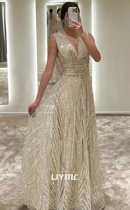 LP1852 - V-Neck Sleeveless Beaded Appliques High Waist A-Line Sparkly Prom Dress