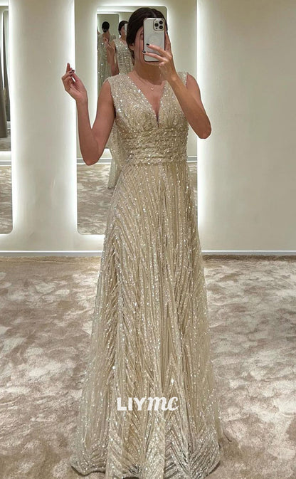 LP1852 - V-Neck Sleeveless Beaded Appliques High Waist A-Line Sparkly Prom Dress