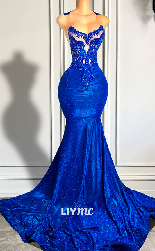 LP1437 - V-Neck Sleeveless Beaded Appliques Illusion Mermaid Prom Dress for Black Girls Slay