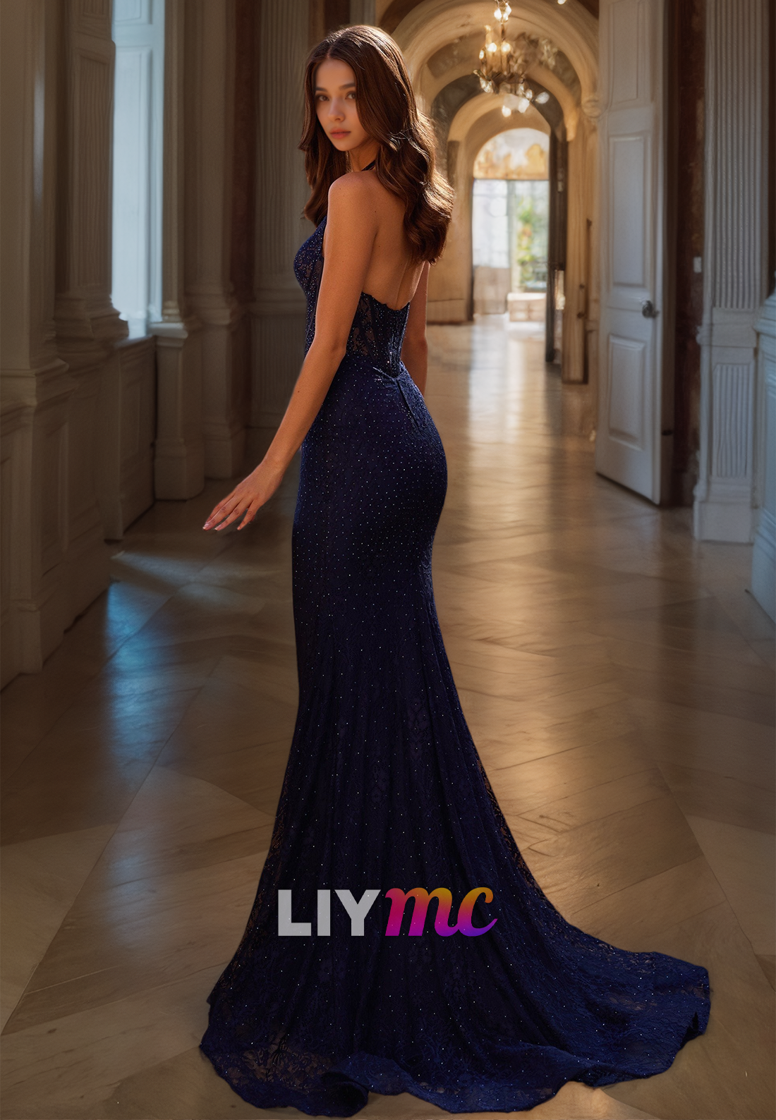 V-Neck Sleeveless Beaded Appliques Mermaid Formal Dress