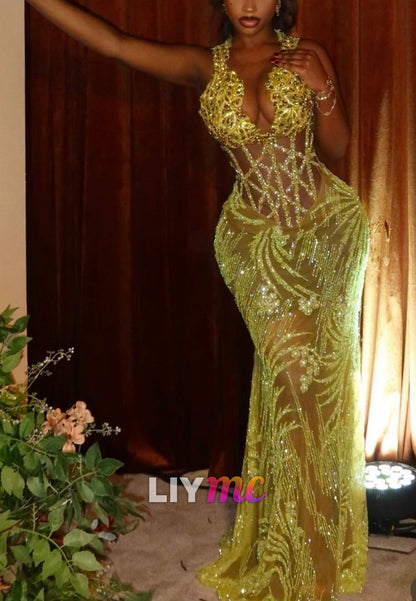 V-Neck Sleeveless Beaded Appliques Sheer Mermaid Prom Dress